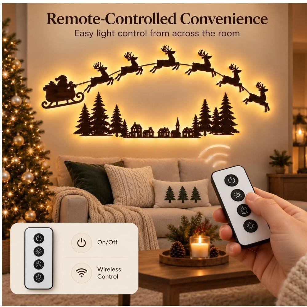 Backlit Santa sleigh and reindeer wall silhouette glowing above a sofa, with the remote control in hand