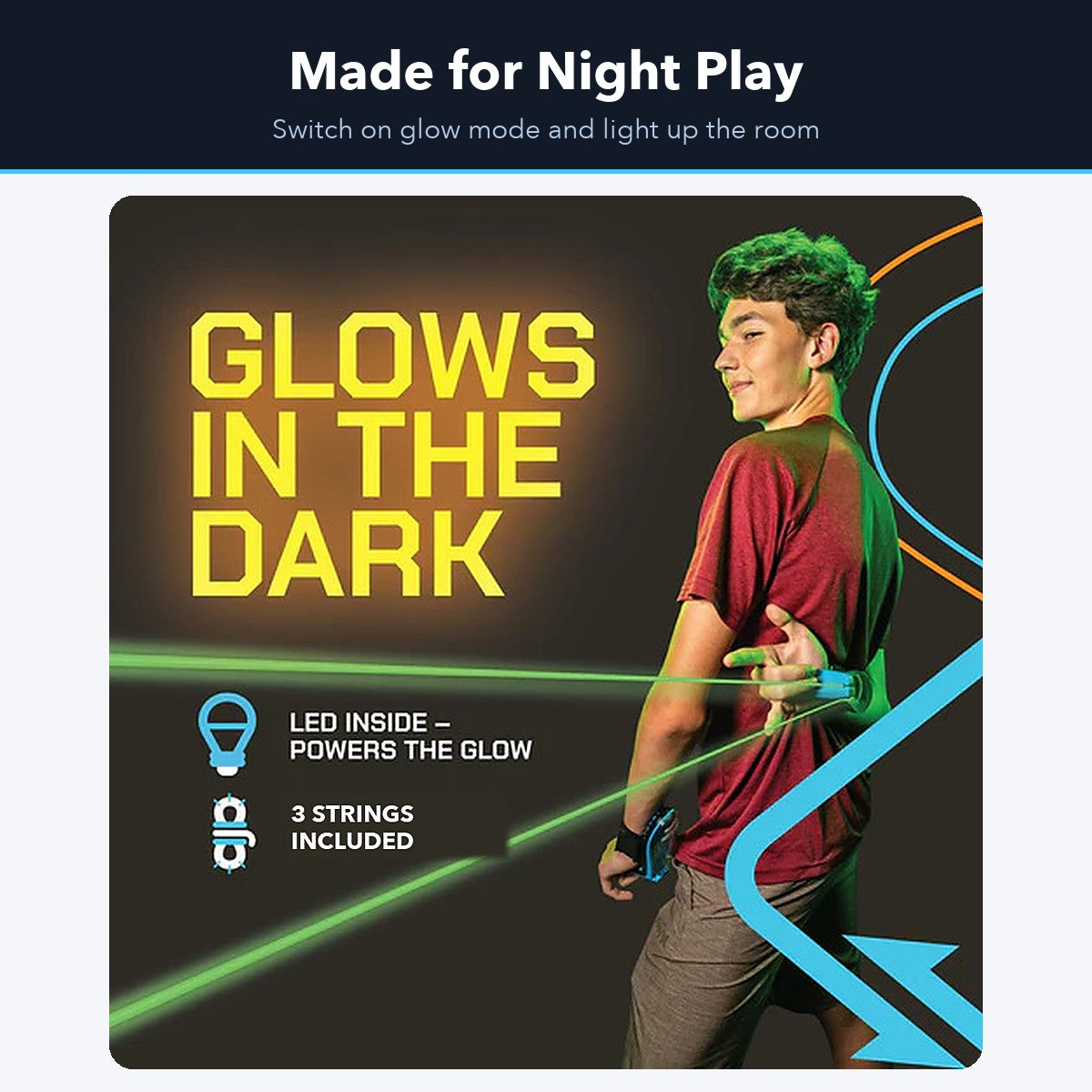Teen launching a glowing string in the dark with glow mode on