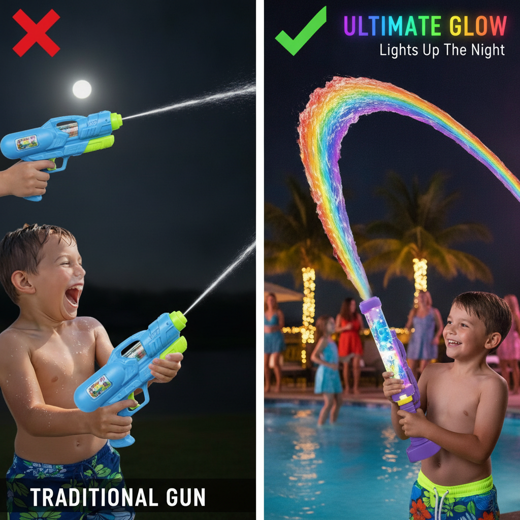 Comparison: traditional water gun vs the glowing LED blaster at night