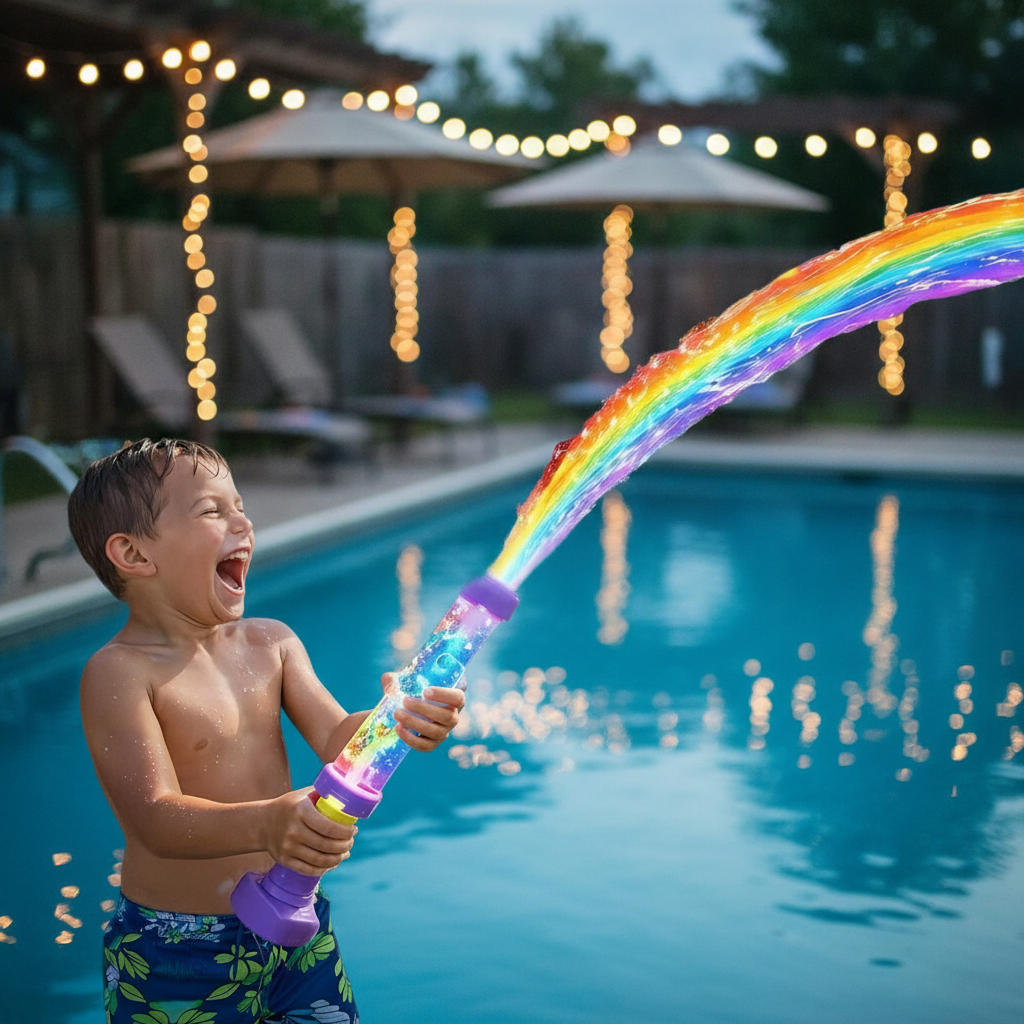 Boy firing the glowing water blaster at a dusk pool party