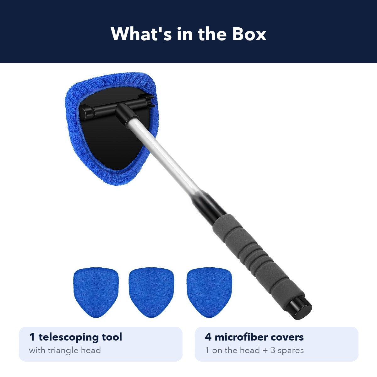 What is in the box: telescoping tool and 4 microfiber covers