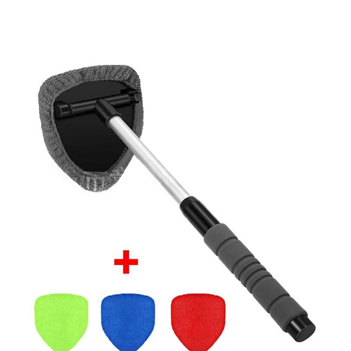 Extendable windshield cleaner with gray cover plus green, blue and red spare covers