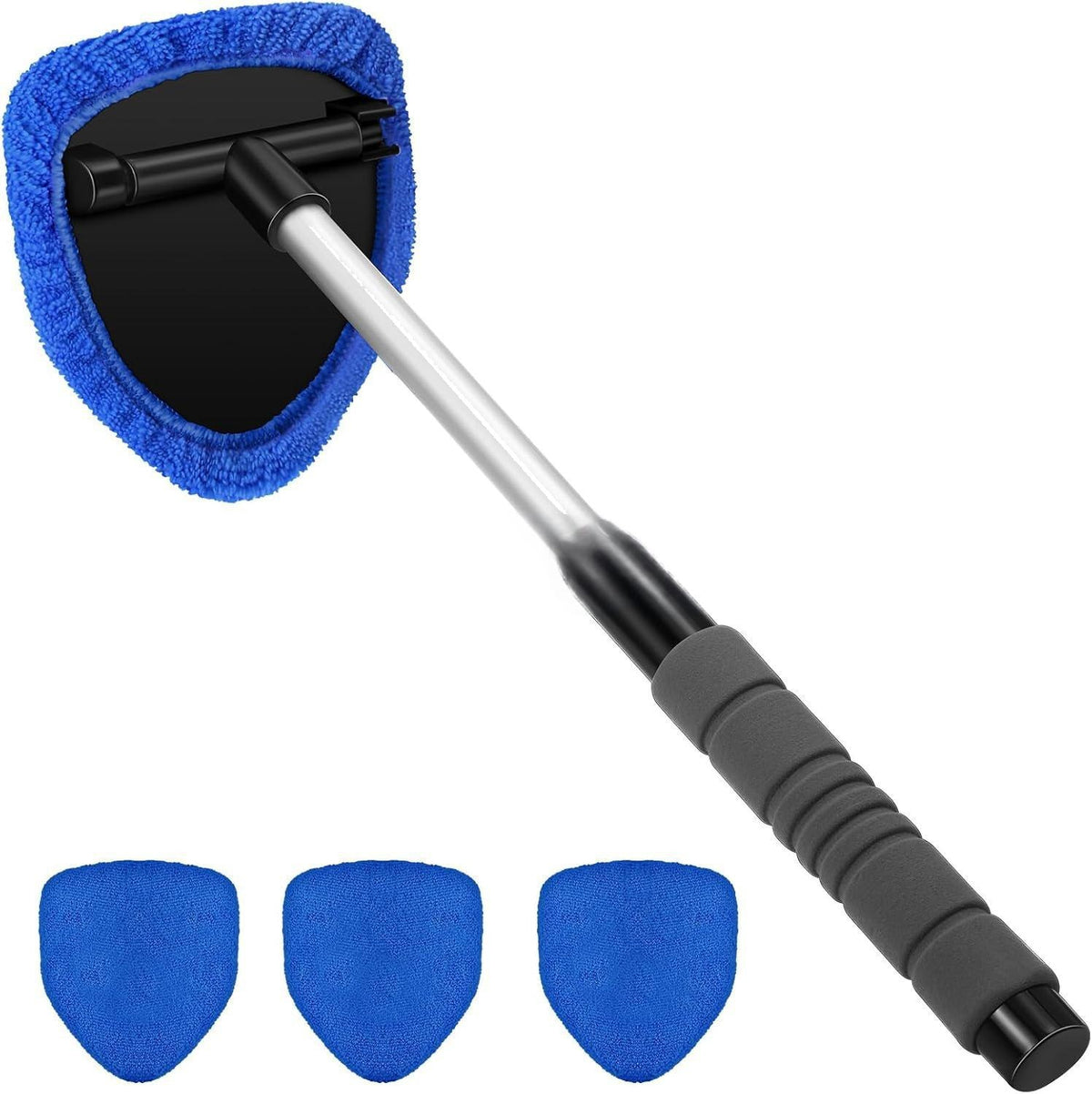 Extendable windshield cleaner with navy blue microfiber cover and 3 spare covers