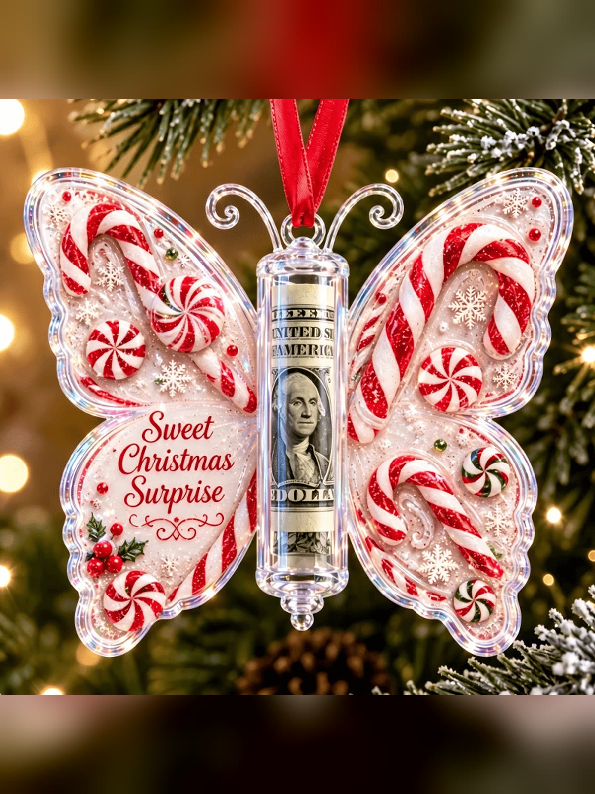 Candy Cane design cash gift ornament