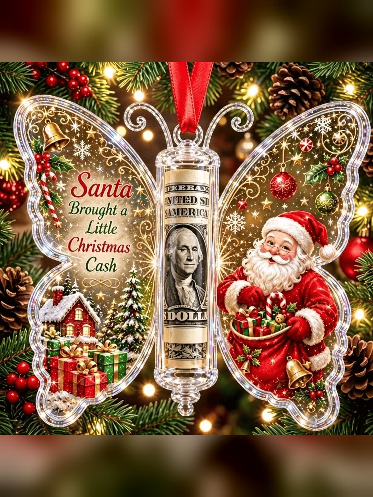 Santa butterfly cash gift ornament with a rolled dollar bill in the clear centre tube, hanging on a Christmas tree