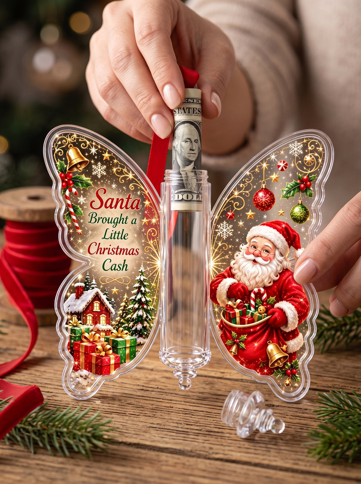 Hands sliding a rolled banknote into the open clear centre tube of the butterfly ornament