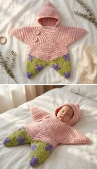 Crocheted Star-shaped Bodysuit Starfish Baby Sleeping Bag Newborn Baby Boy Girl Kids Cartoon Hooded Romper Jumpsuit Bodysuit Clothes Outfits Long Sleeve Playsuit Toddler One Piece Outfit 8