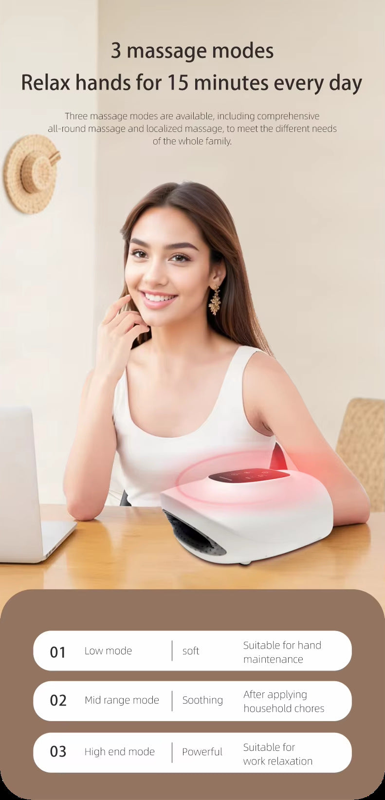 Three massage modes, 15 minutes a day