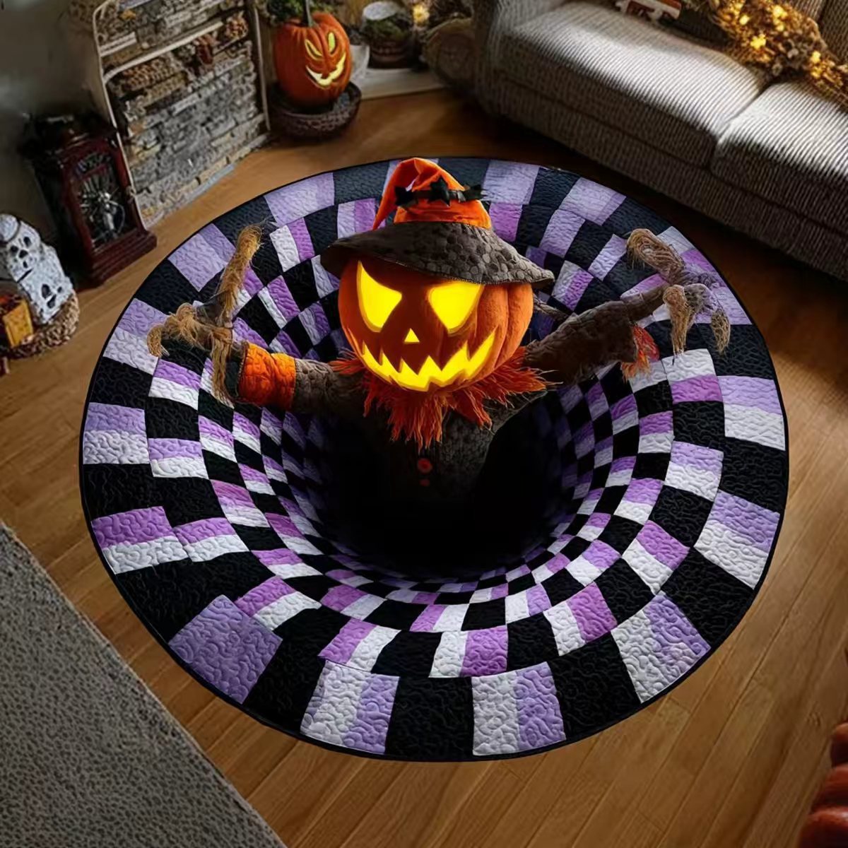 Pumpkin Scarecrow — glowing jack-o-lantern scarecrow in a purple checkered vortex rug