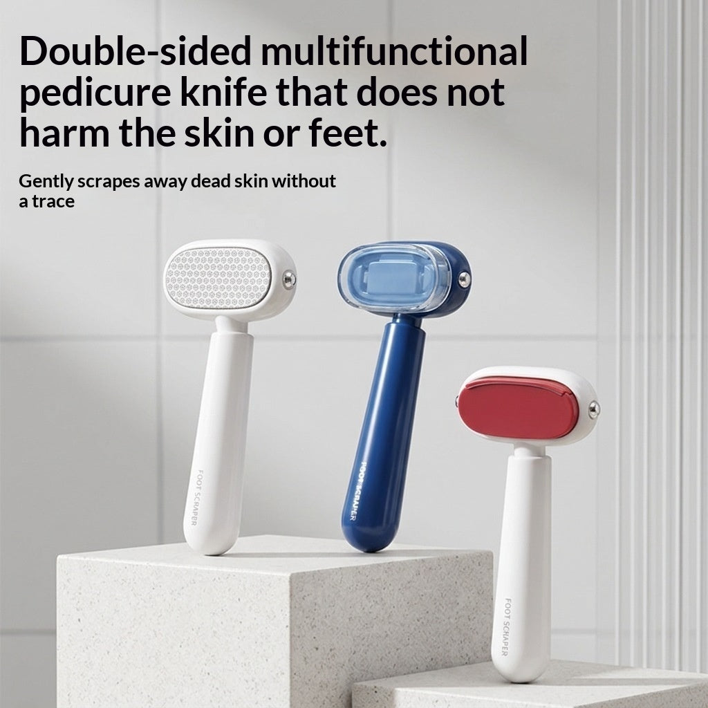 Double-sided foot file in blue, red and white on a stone pedestal
