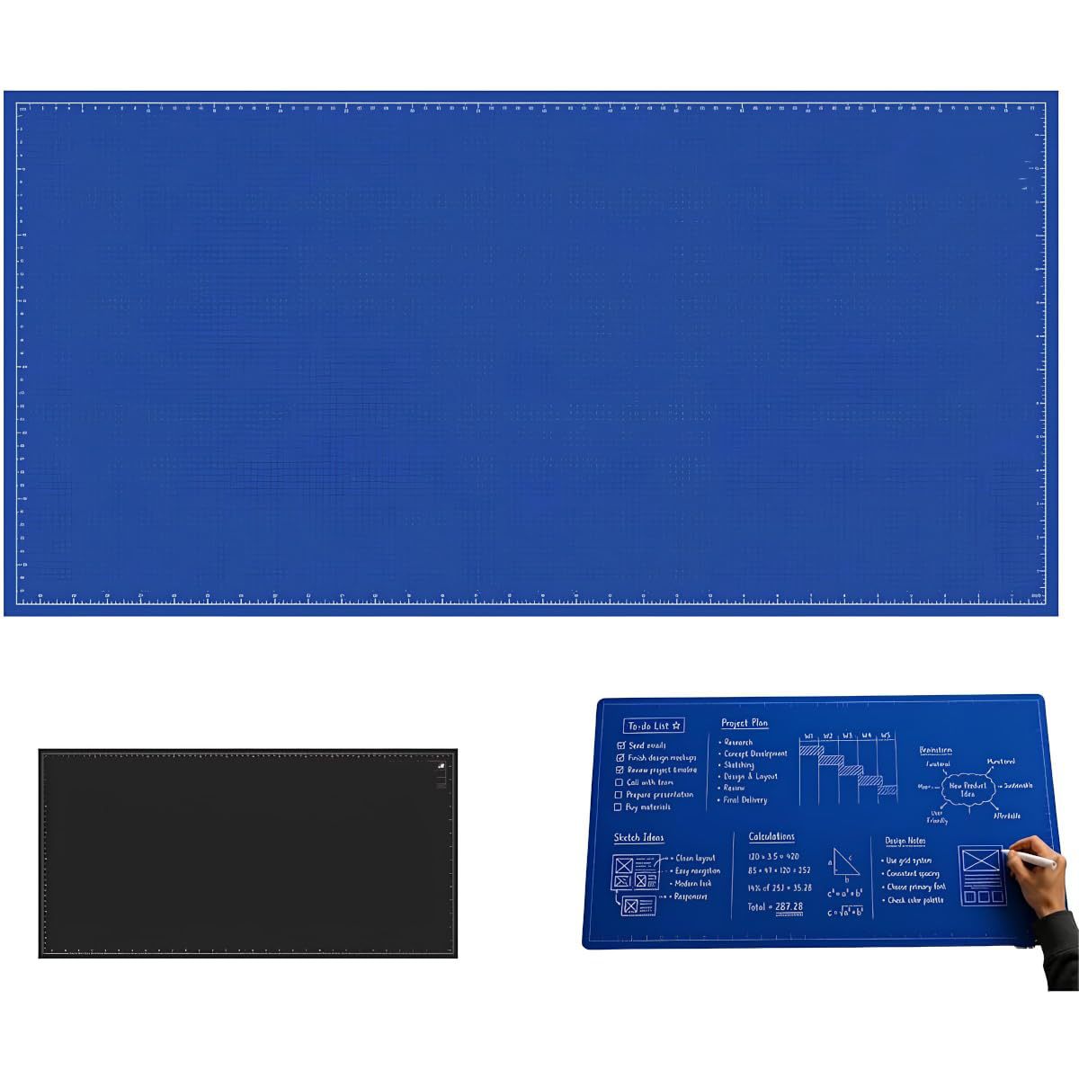 Both sides of the desk mat: blue blueprint front and matte black back