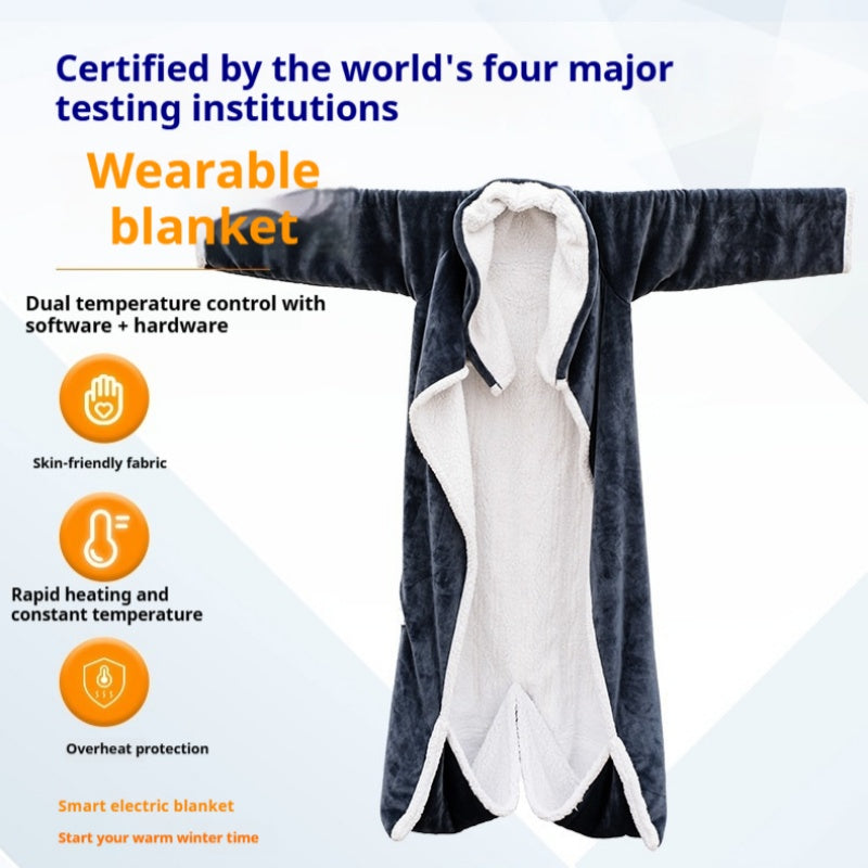 Hooded wearable heated blanket with dual temperature control