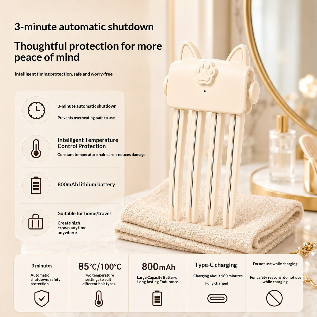 3-minute automatic shut-off, 800mAh battery and USB-C charging
