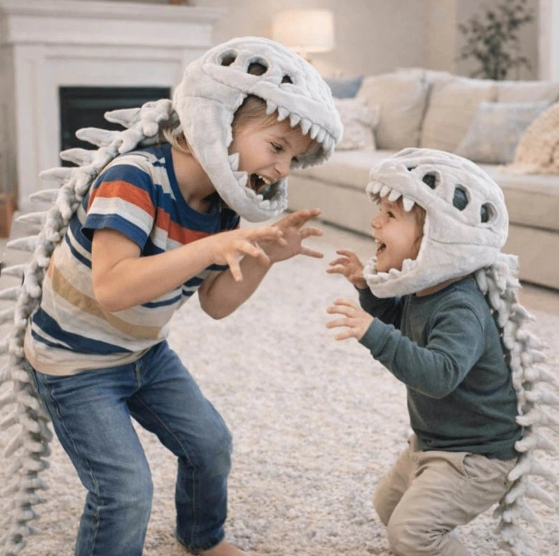 Kids playing in dino skeleton hats