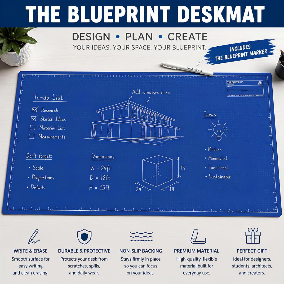 The Blueprint Deskmat: design, plan, create. Write and erase, durable, non-slip backing
