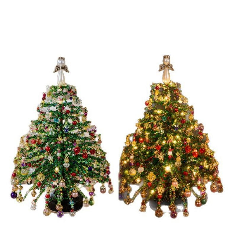 Two finished beaded trees, one with lights on