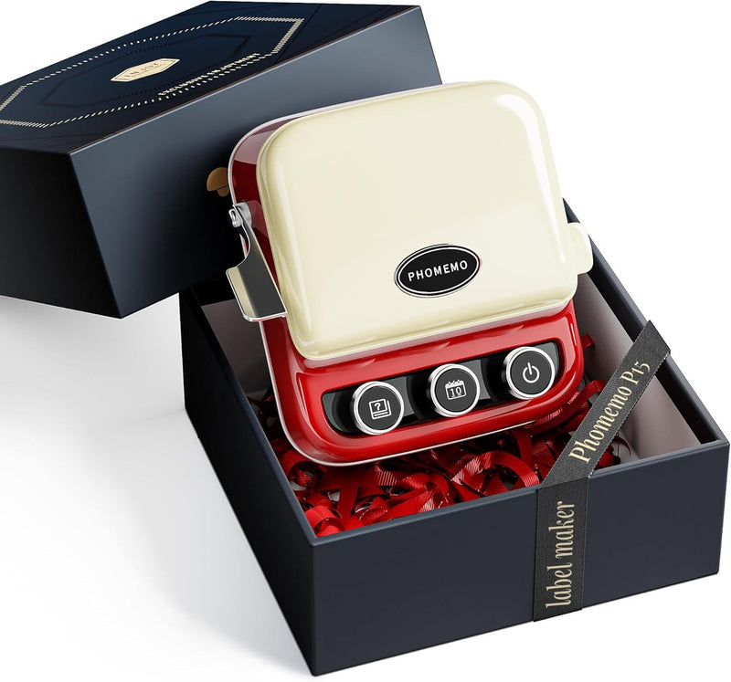 Retro Red label maker presented in an elegant navy gift box