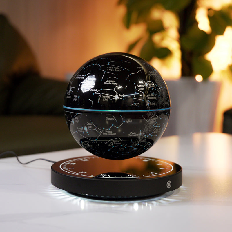 Moon lamp glowing warmly on a nightstand