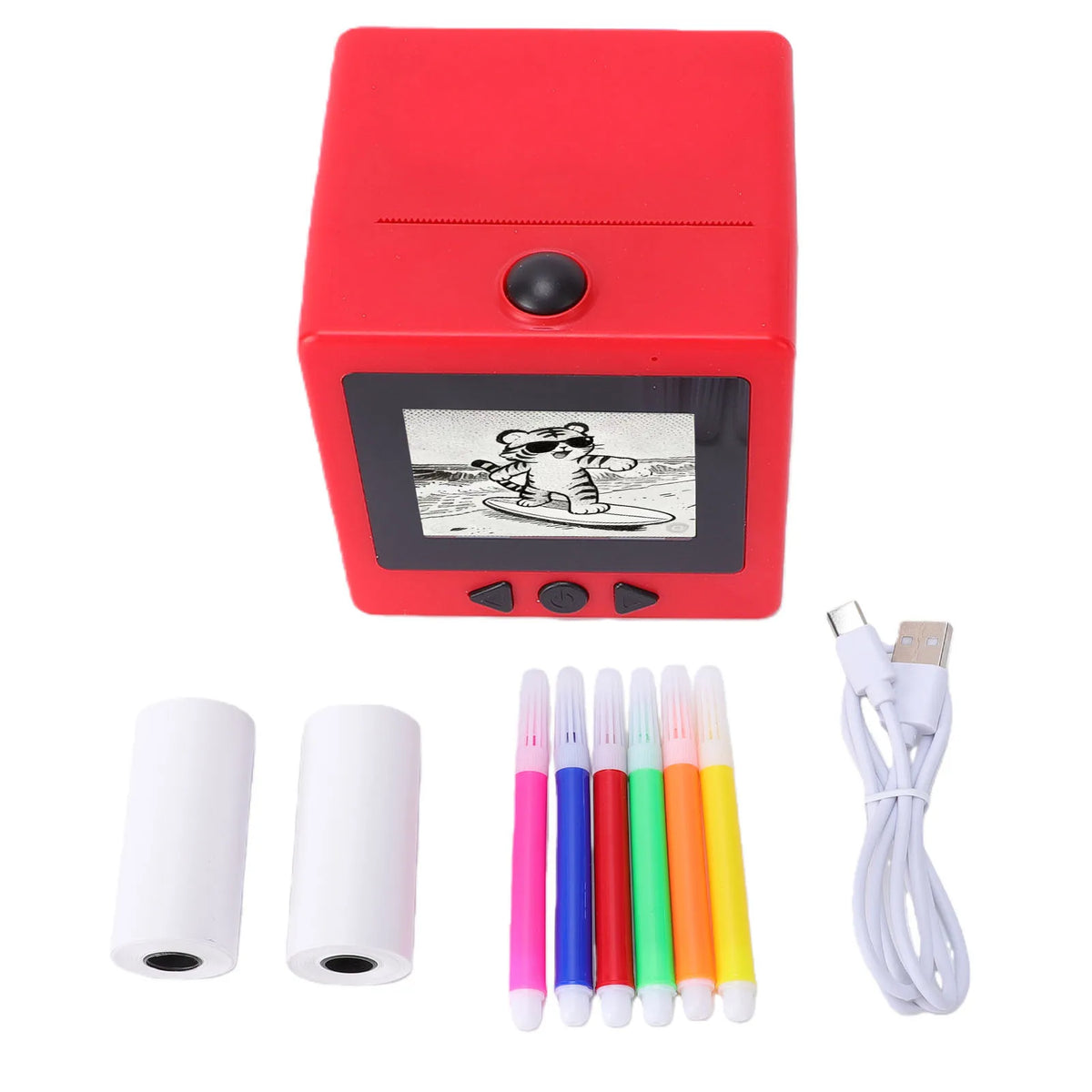 What's in the box — sticker printer, two thermal paper rolls, six color pens, USB-C charging cable