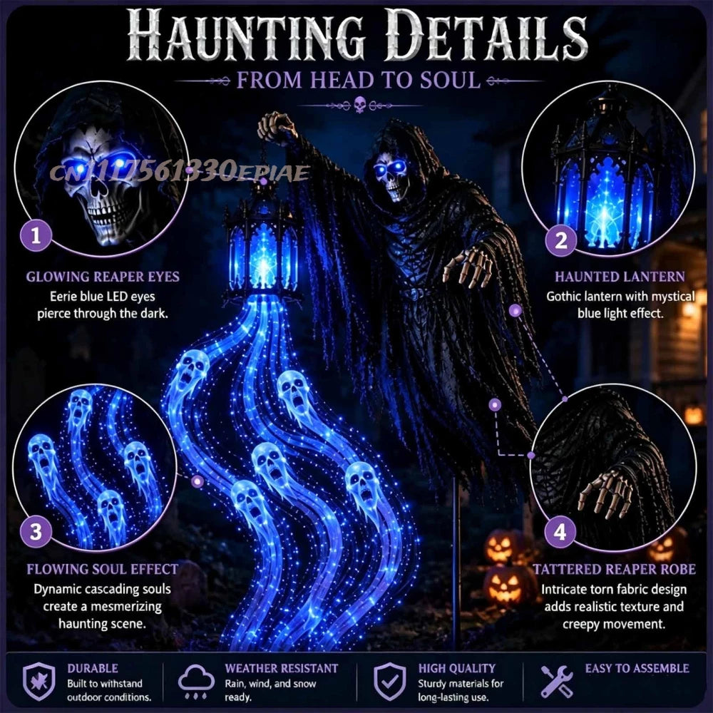Haunting details — glowing eyes, haunted lantern, flowing soul chain, tattered robe