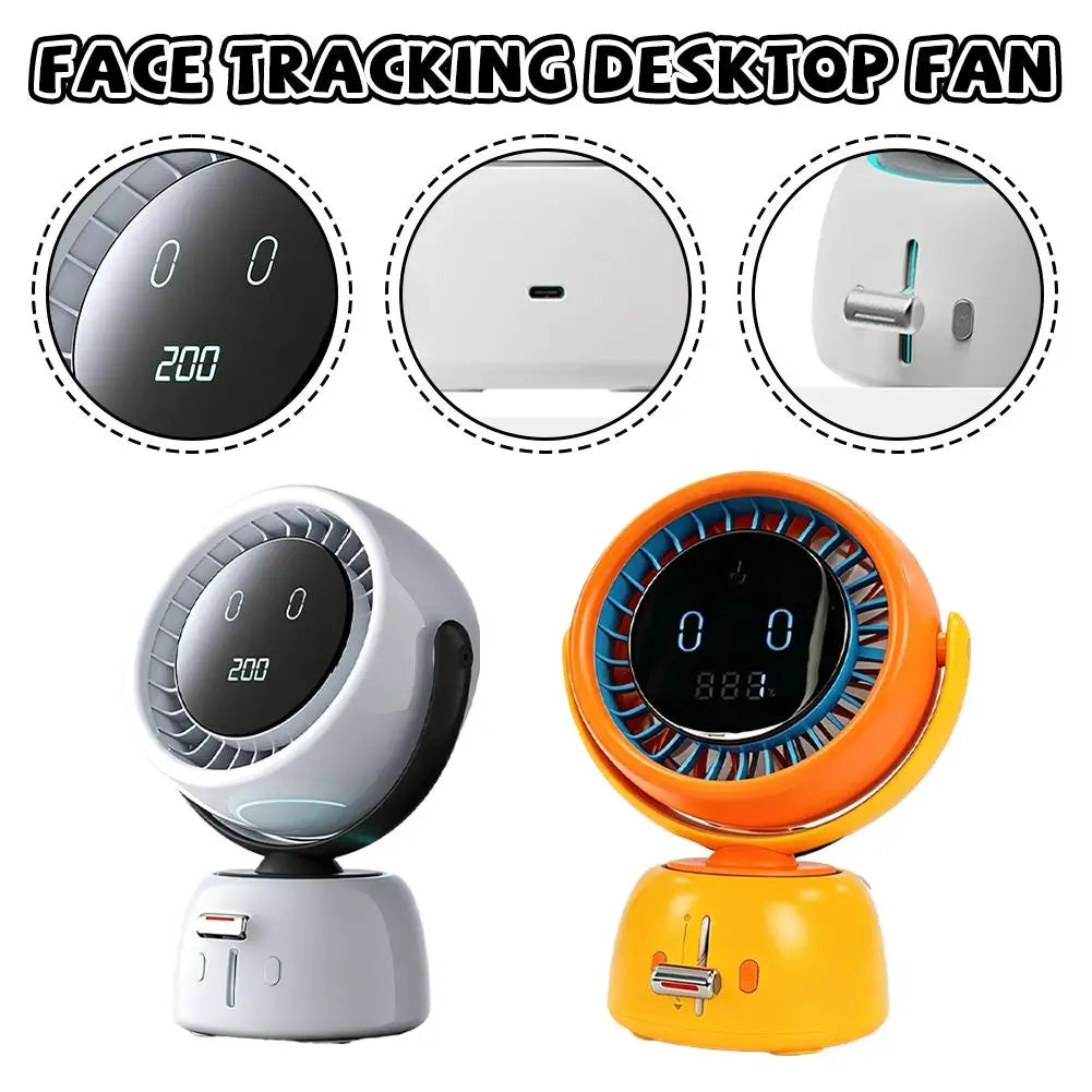 Both colors of the ChillTrack AI desk fan — Cloud Gray and Sunset Orange
