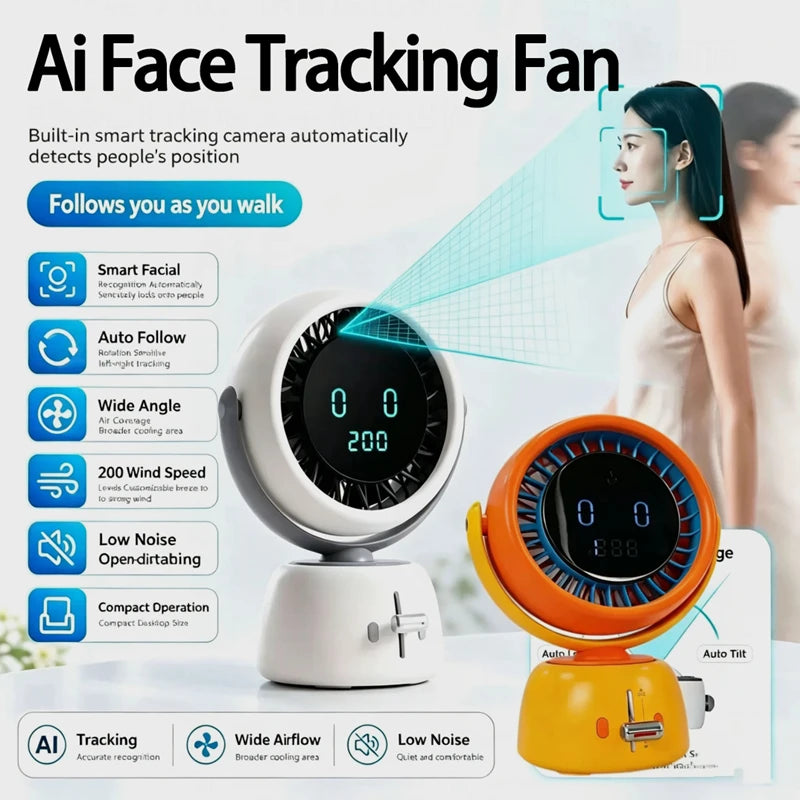AI face tracking fan infographic — smart camera follows you as you walk, 200 wind speeds