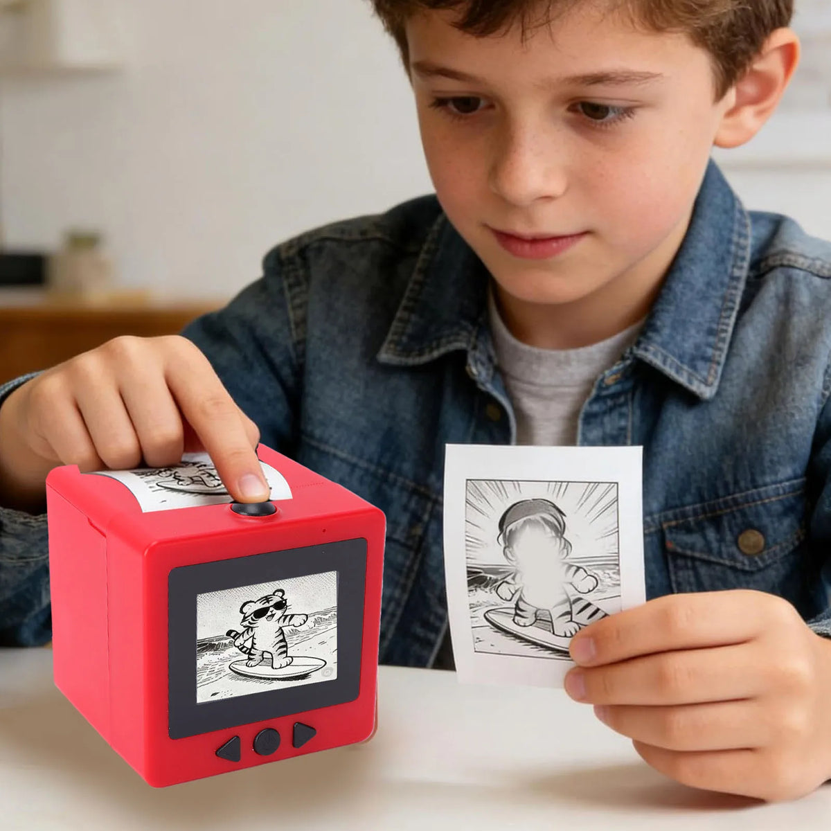 Child pressing the talk button and holding a freshly printed coloring sticker