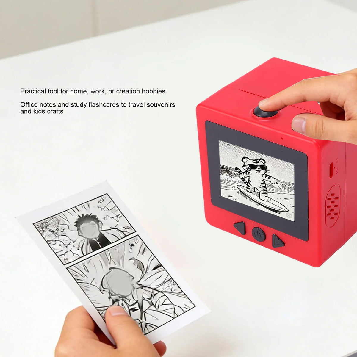 Press the button, preview on screen, print — practical for crafts, flashcards and creative play