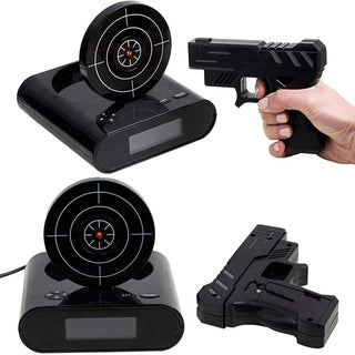 Gun Target Alarm Clock — Shoot-to-Stop Desk Clock with Infrared Pistol