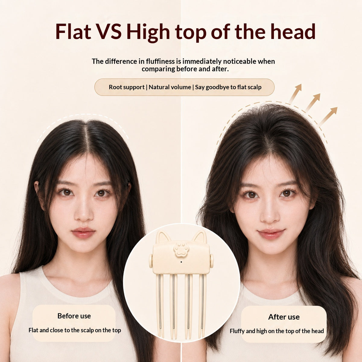 Flat crown before and lifted crown after using the clip