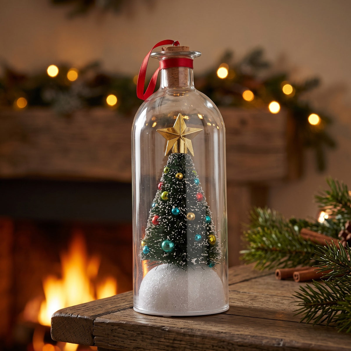 Record-a-message Christmas tree bottle on a fireplace mantel
