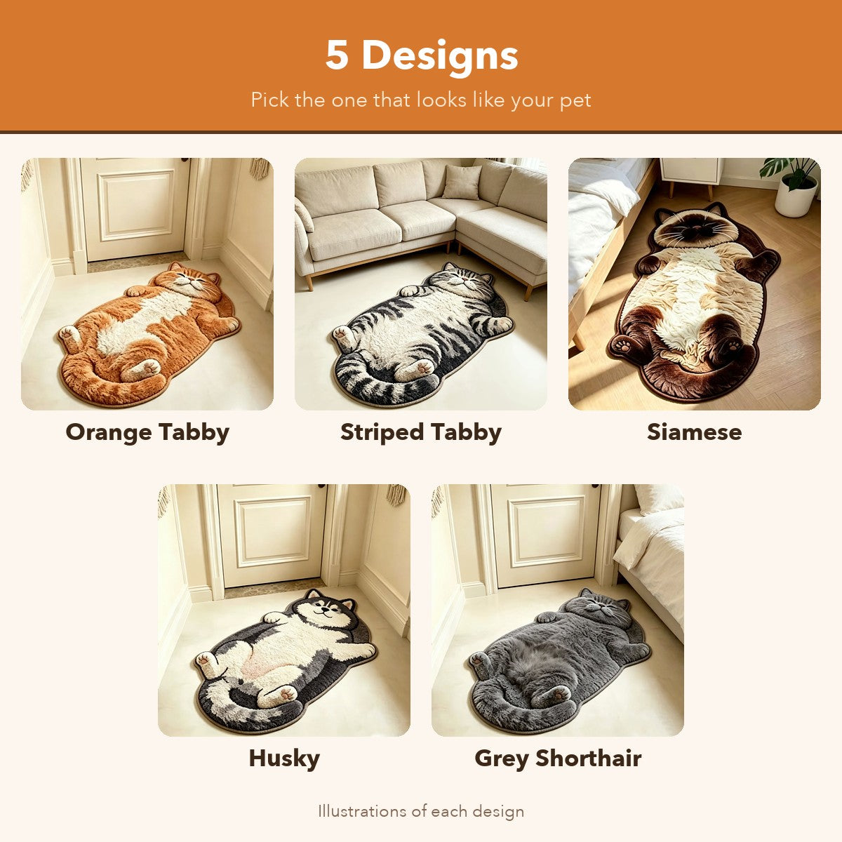 The five designs: orange tabby, striped tabby, Siamese, husky and grey shorthair