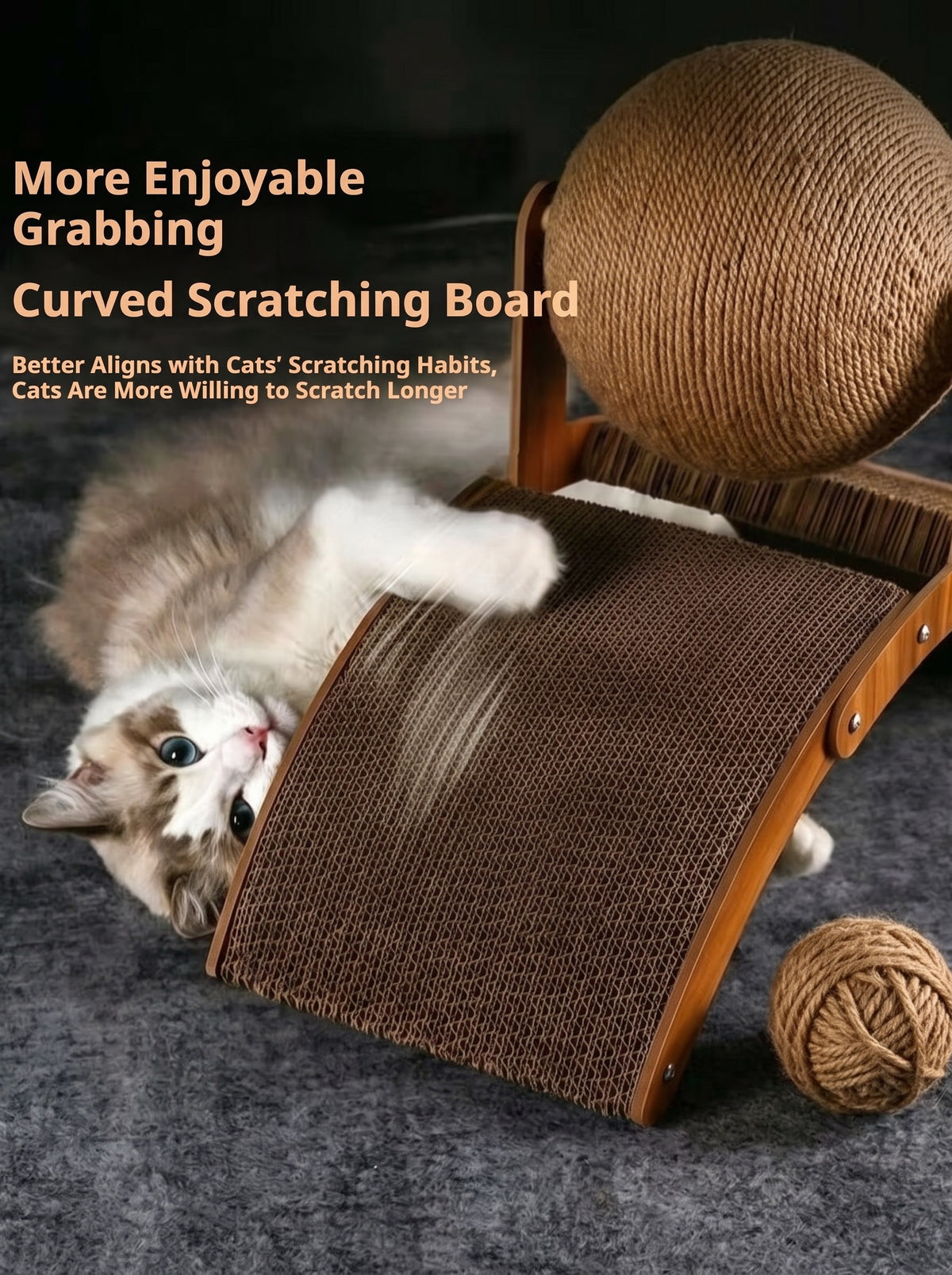 Kitten reaching up to bat the rotating sisal ball