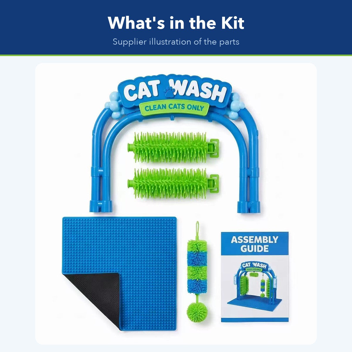 Supplier illustration of the Cat Wash kit: arch, brush rollers, hanging brush and base mat