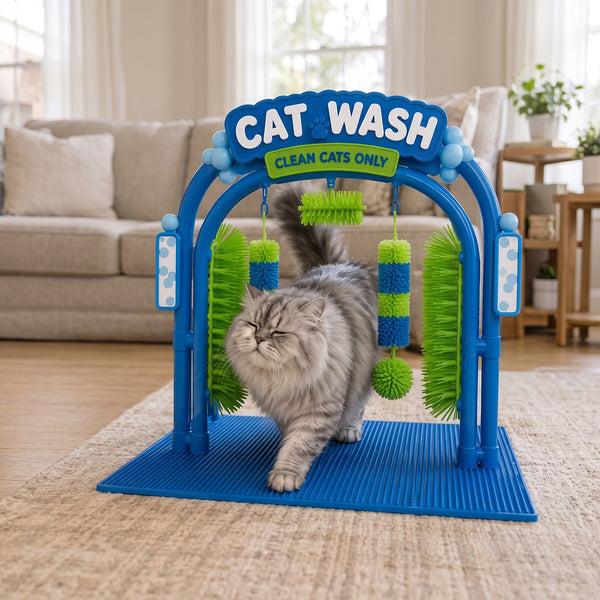 Illustration of a cat walking through the Cat Wash self-grooming arch