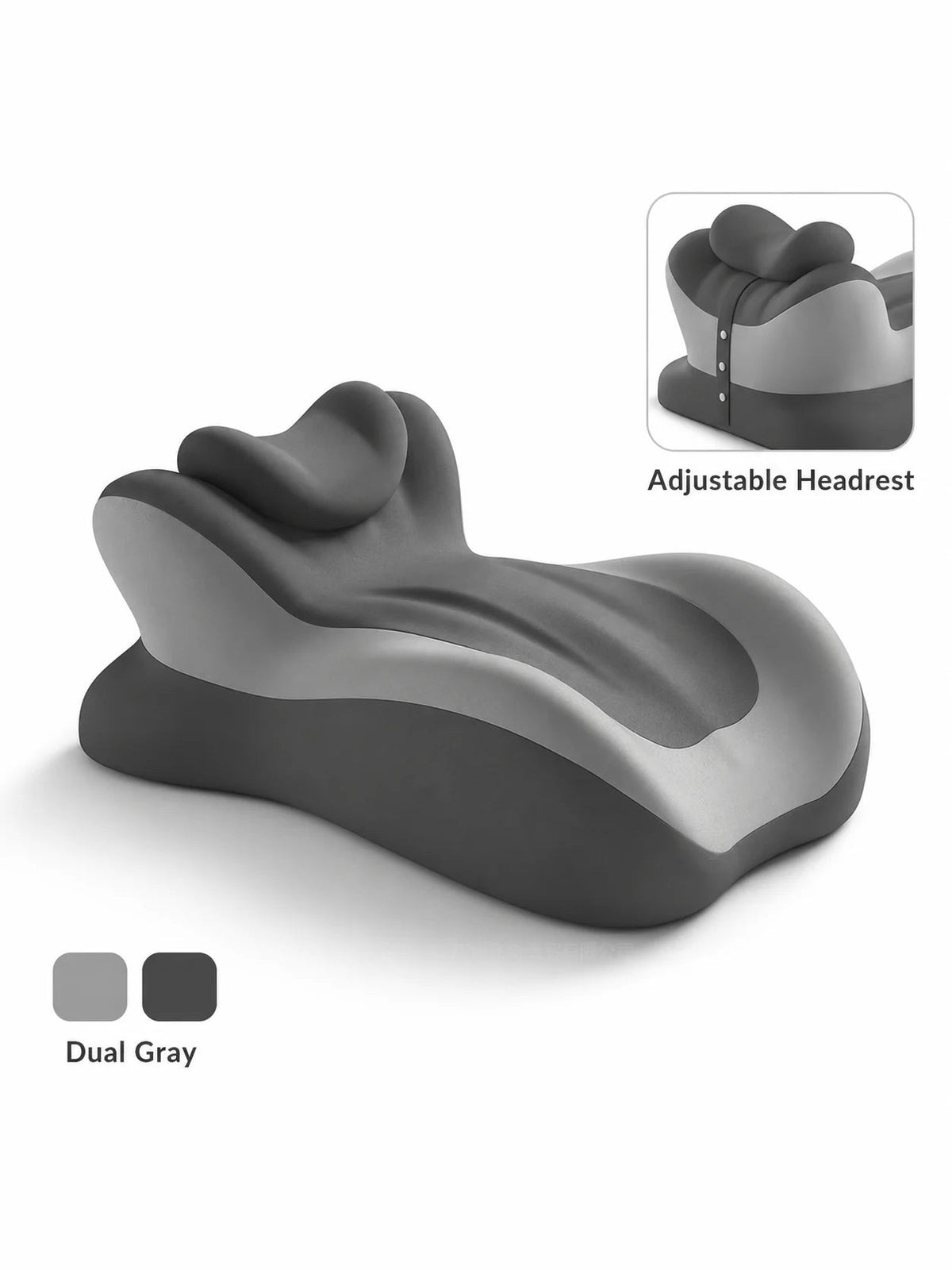 CozyCurve support pillow in Charcoal Gray with the snap-on headrest shown in the inset