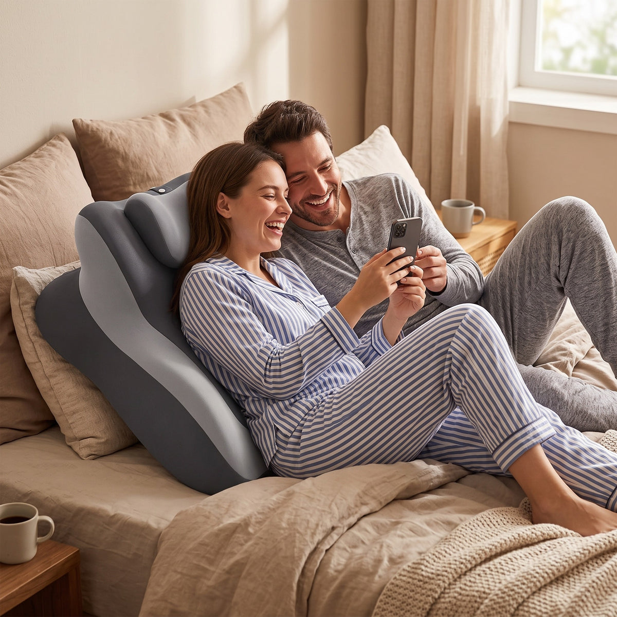 Couple relaxing together on the CozyCurve support pillow on a Sunday morning