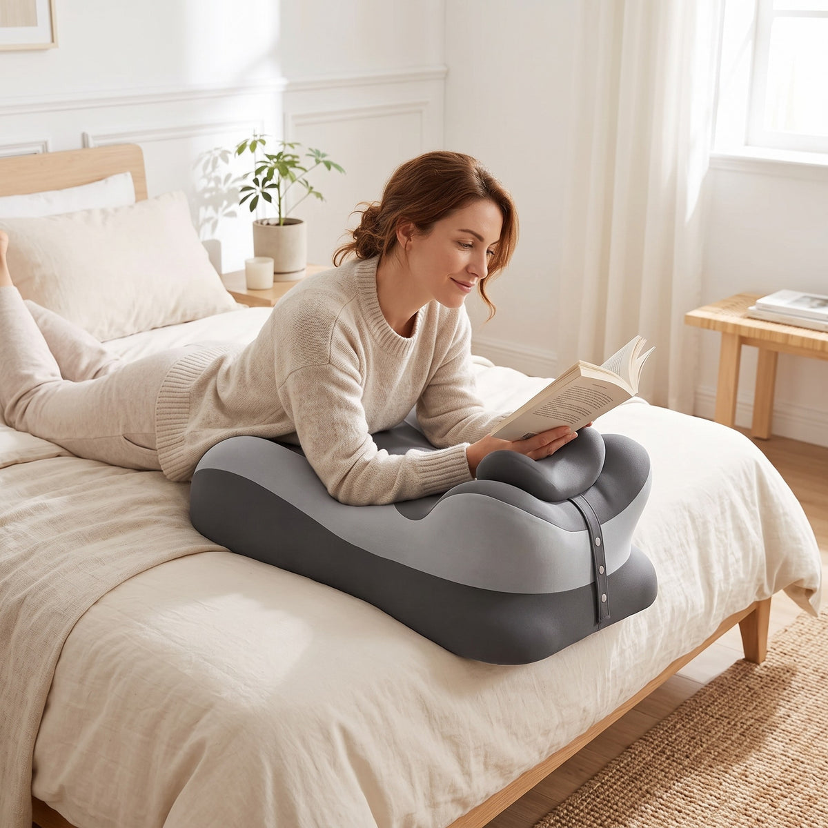 Woman reading in bed on the CozyCurve support pillow, charcoal gray