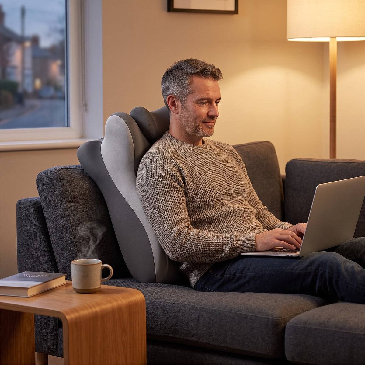 CozyCurve pillow used as a lumbar and neck backrest on a sofa