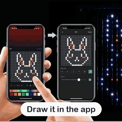 Animation: drawing a bunny and typing a message in the app, then showing it on the curtain