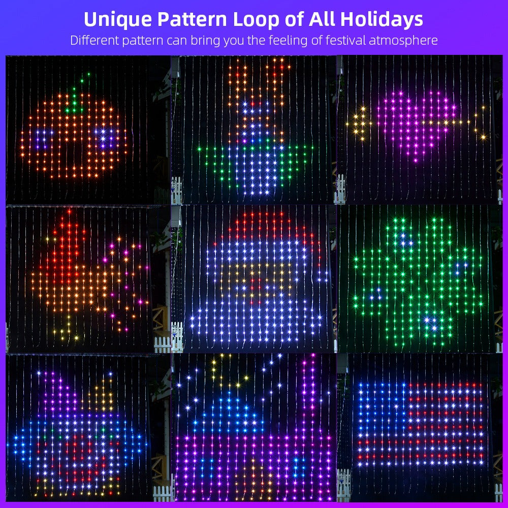 Holiday patterns shown on the LED curtain lights