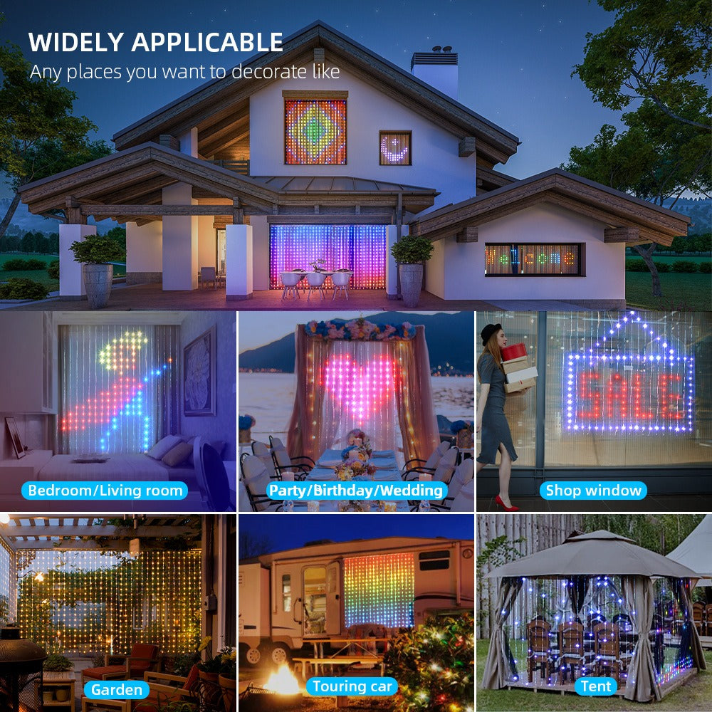 LED curtain lights in a bedroom, party, garden and shop window