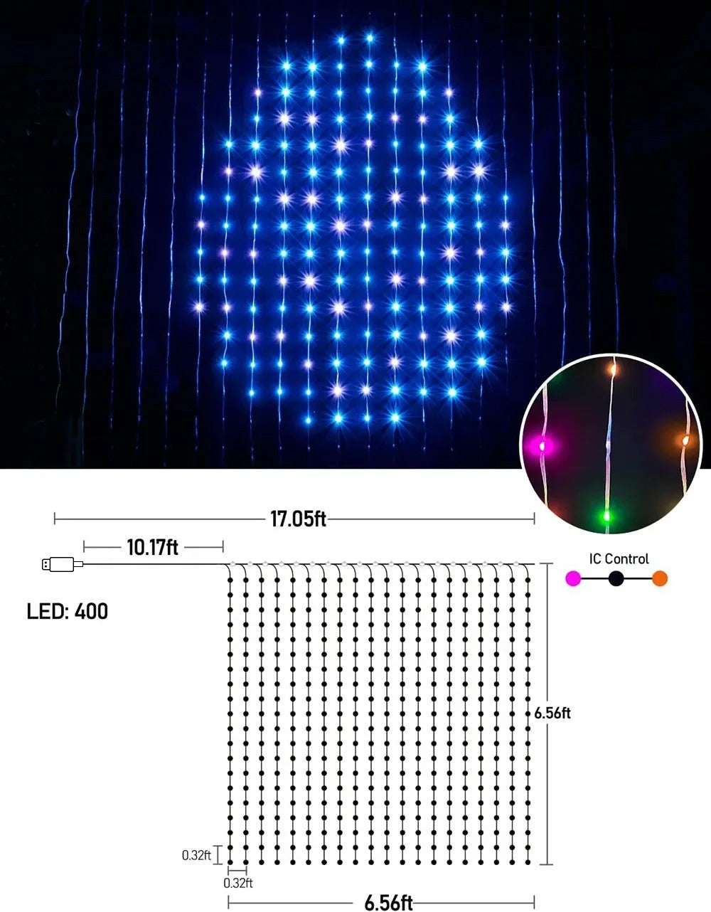 Size diagram of the 6.6 by 6.6 ft curtain with 400 LEDs