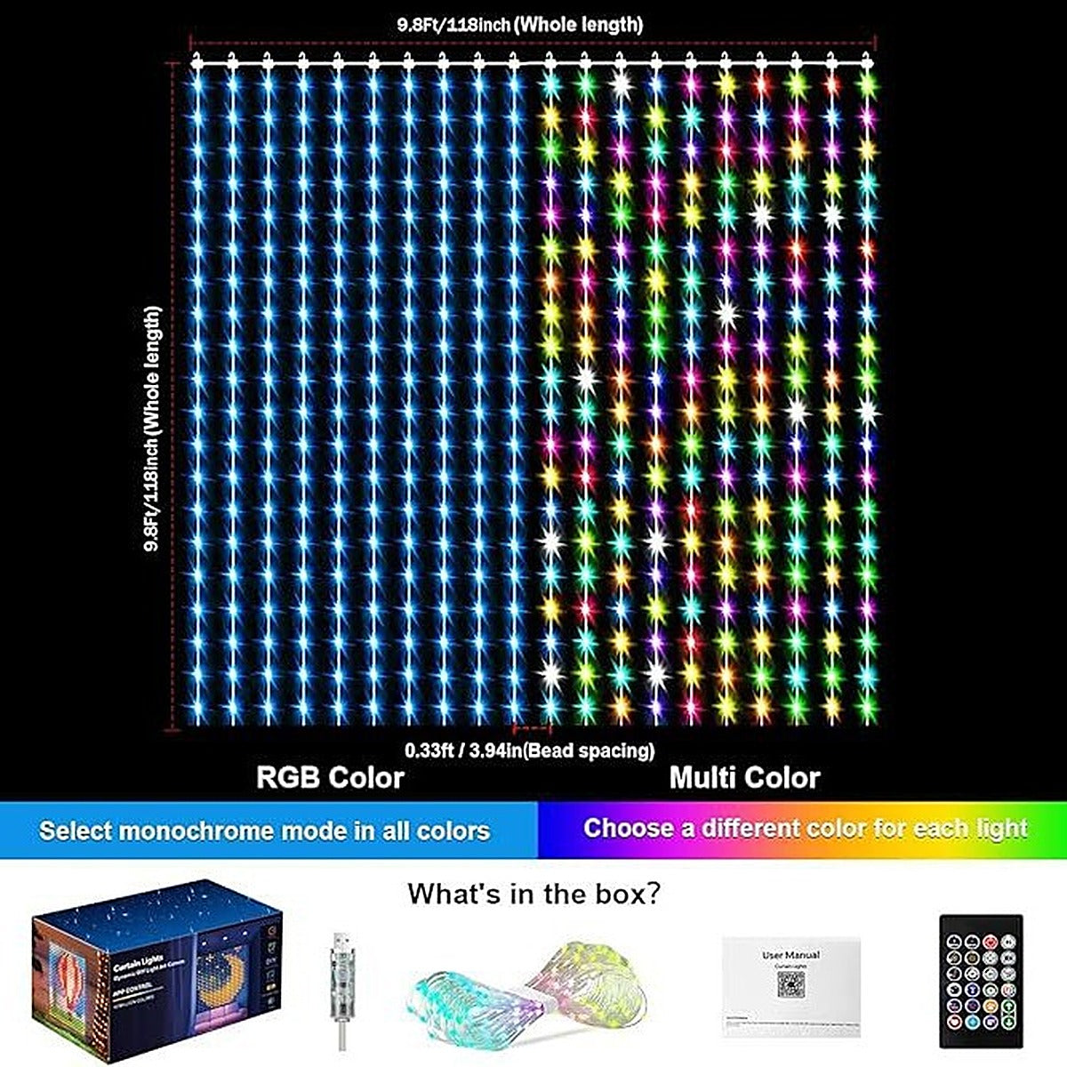 Size of the 9.8 by 9.8 ft curtain and what is in the box