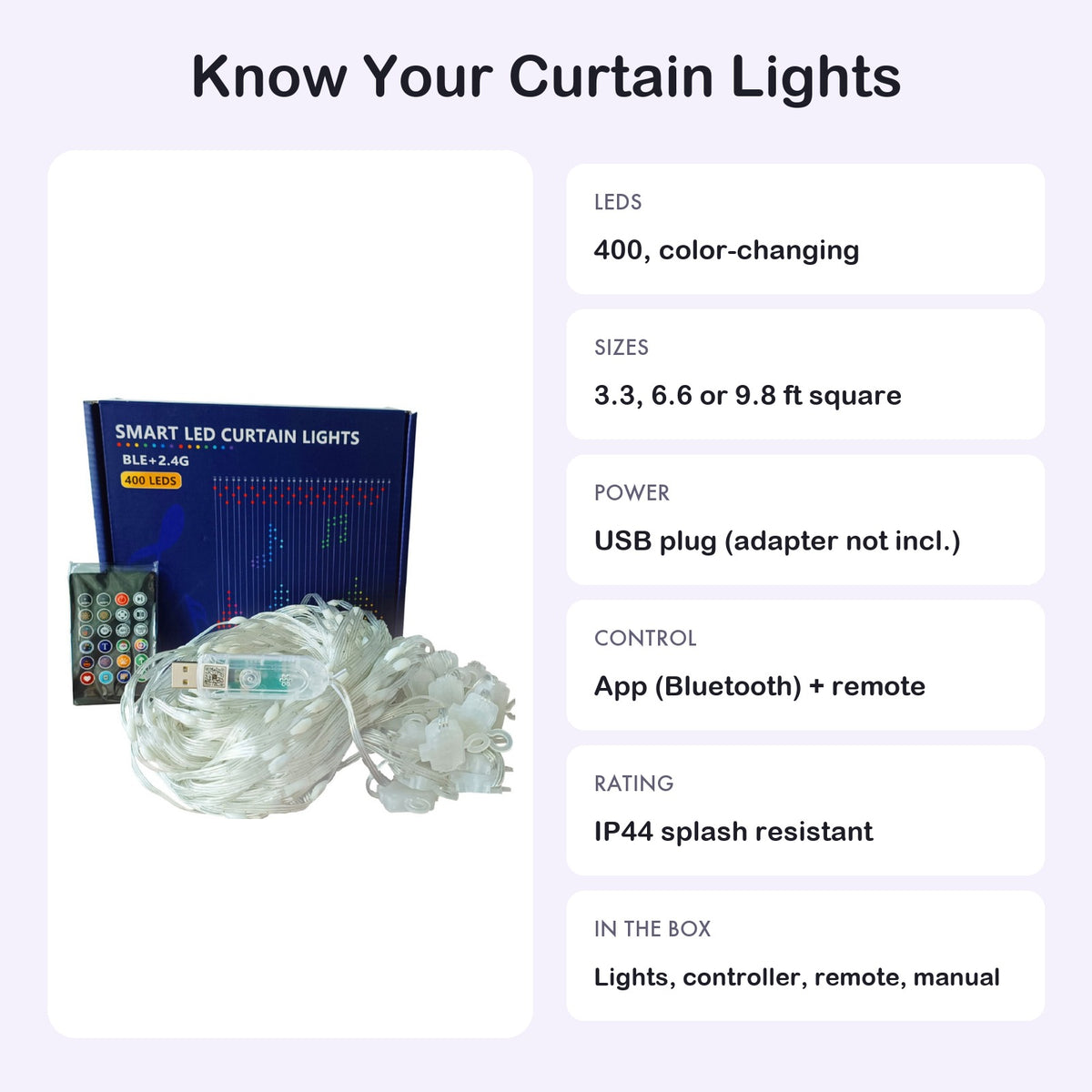 Specifications: 400 LEDs, 3 sizes, USB power, app and remote, IP44