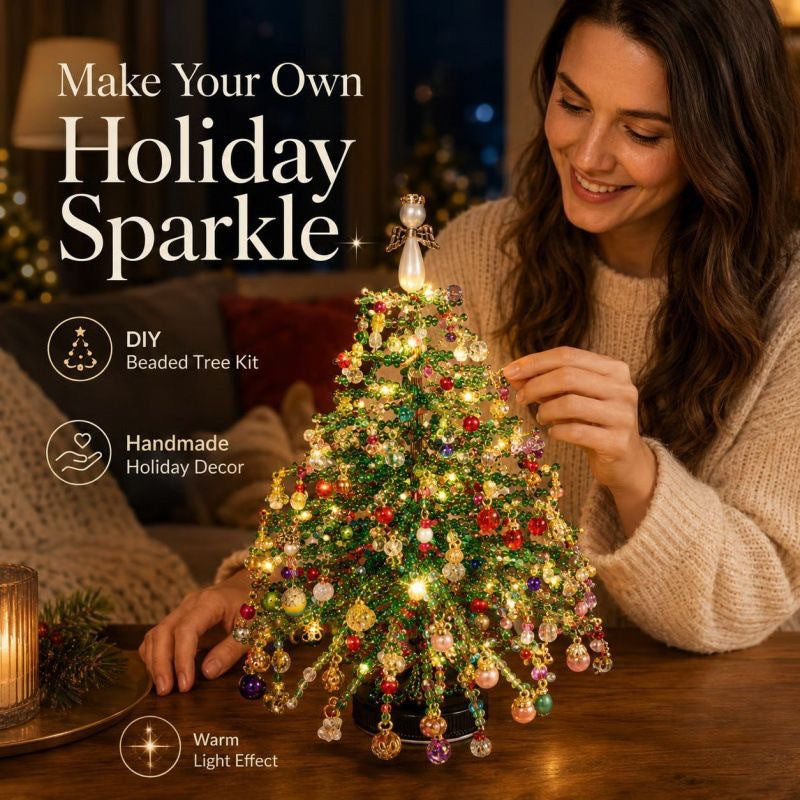 Woman finishing a glowing beaded Christmas tree she built herself