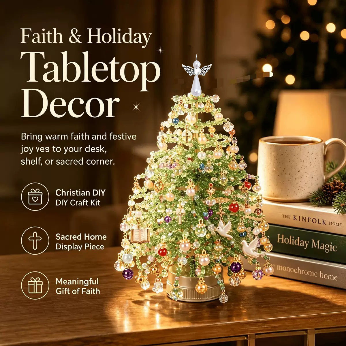Golden Glow beaded tree with angel topper