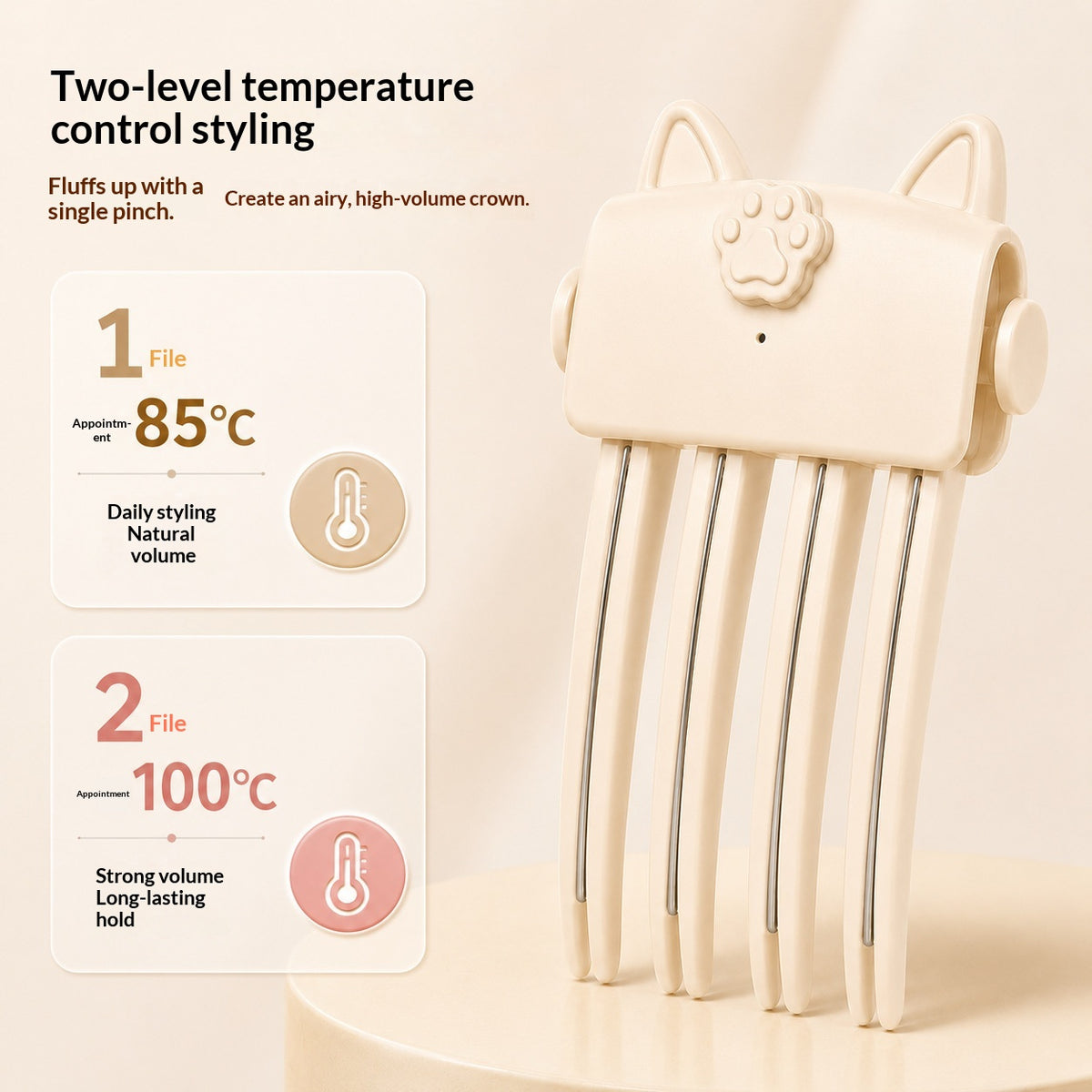 Heated root volumizer clip with two heat settings, 85°C and 100°C