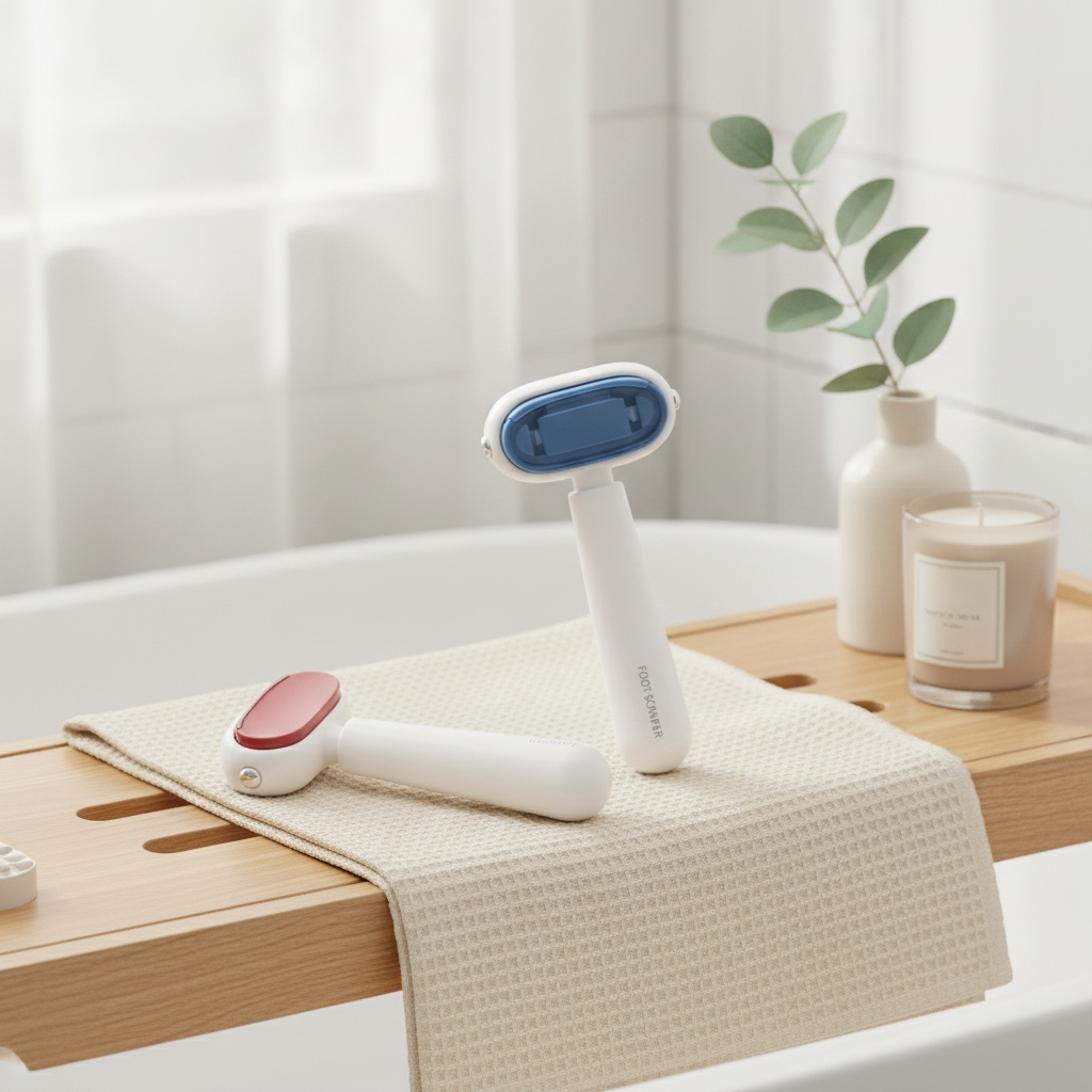 Blue and red double-sided foot files on a folded towel on a bath tray in a bright bathroom
