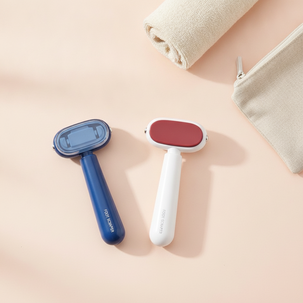Blue and red foot files beside a travel cosmetic pouch and rolled towel, flat lay
